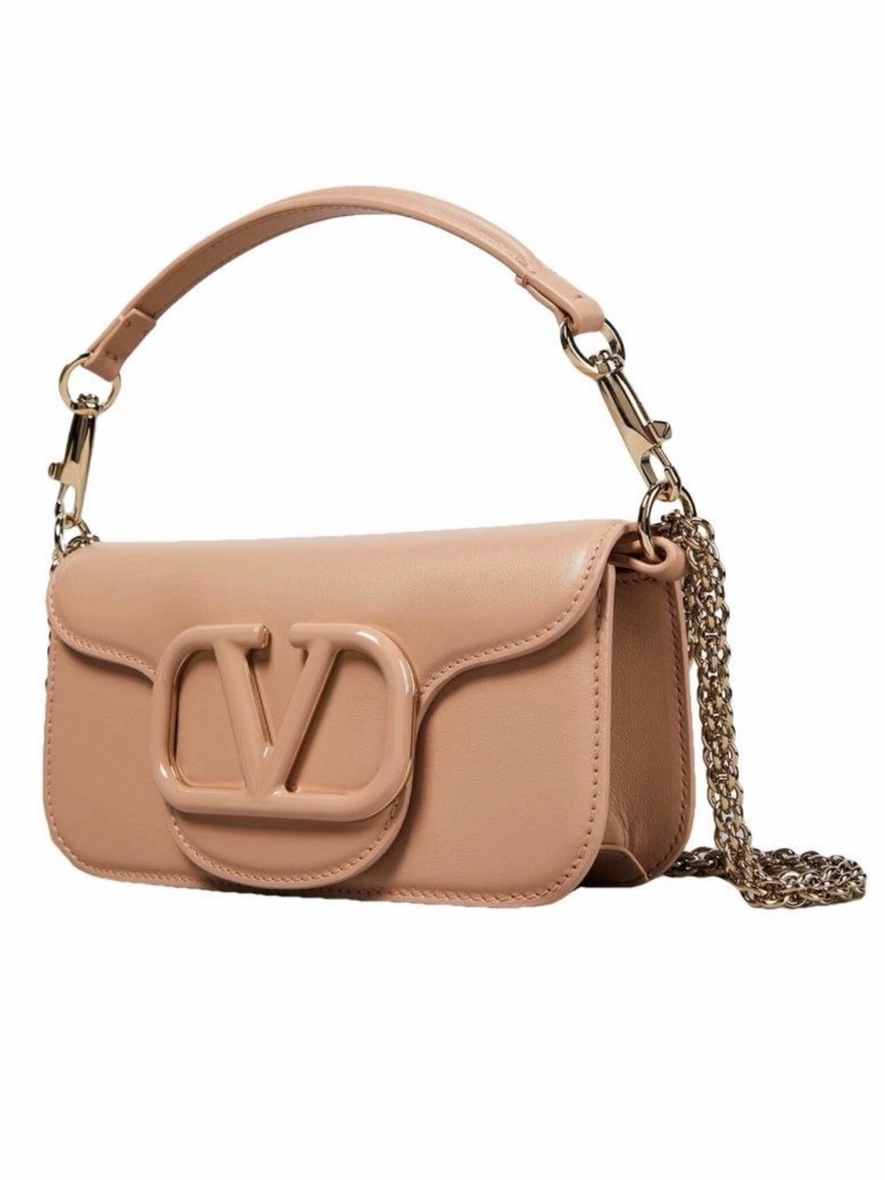 Valentino VLogo Smooth Leather Shoulder Bag in Nude Beige with Gold Hardware